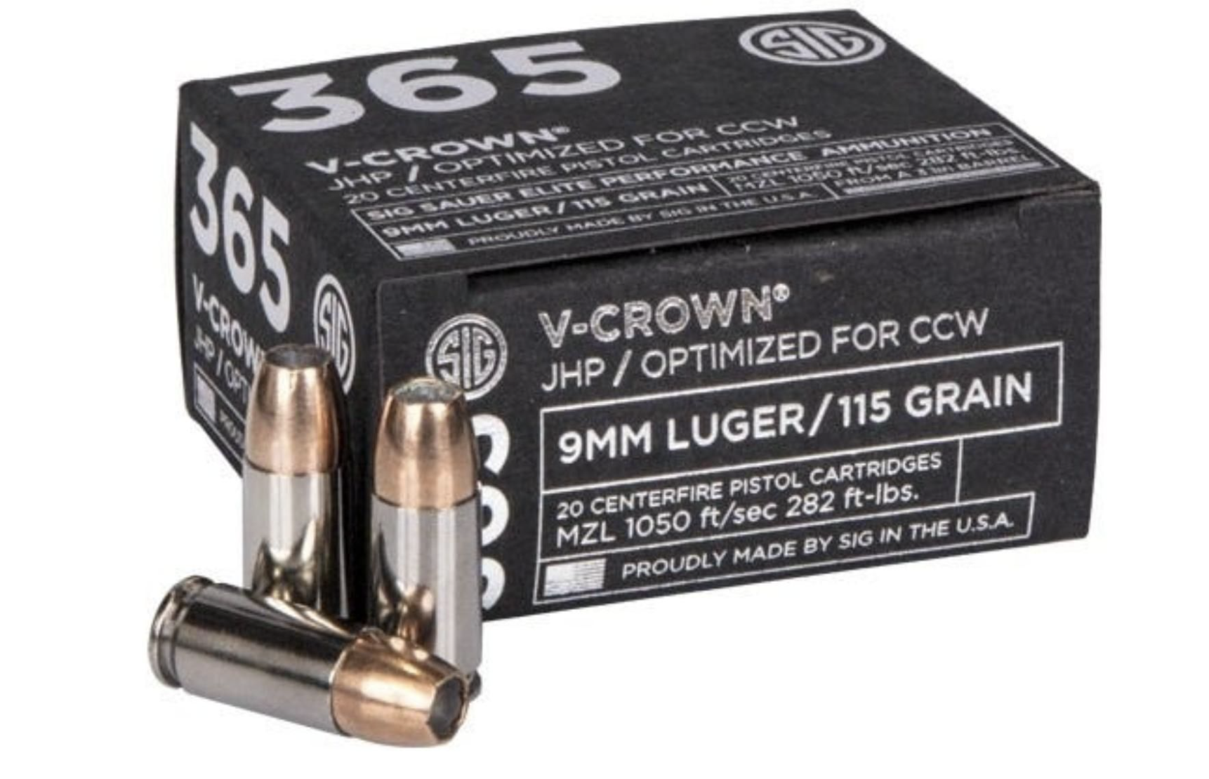 SIG Sauer 365 9mm Ammo 115 Grain Elite V-Crown JHP Ammo Handgun Ammo - 200 Rounds